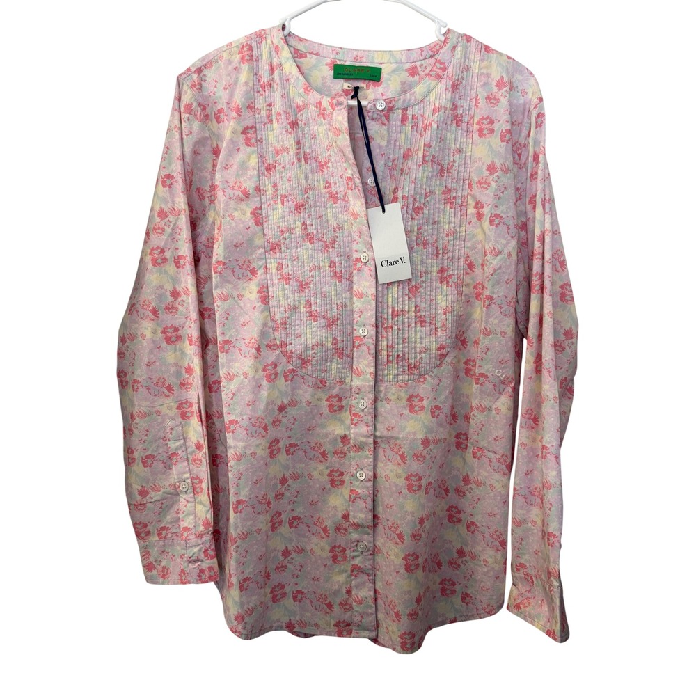 Clare V Le Turtleneck Fall Floral Purple Pintuck Tuxedo Blouse XL NEW